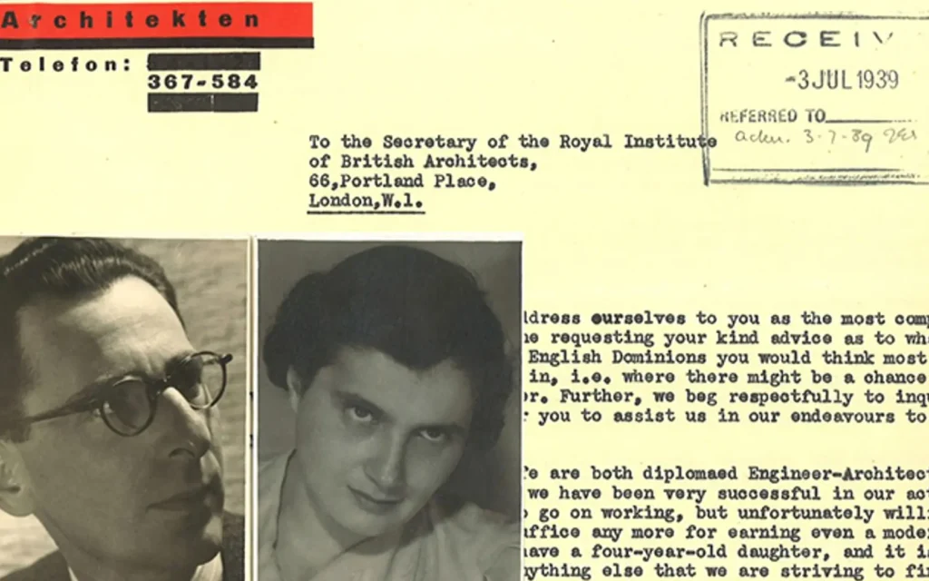 Letter-and-images-of-gustav-and-gusti-feuer-writing-to-RIBA. Pic: RIBA archives