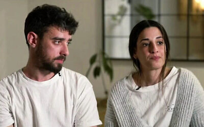 Released hostages Ariel Cunio (L) and Arbel Yehoud speak in an interview with Channel 12 news broadcast on February 13, 2026 (Screenshot)