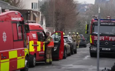 Firefighters at the scene in Highfield Road, Golders Green, London, after an arson attack on four ambulances belonging to the Jewish Community Ambulance service in London. 
Pic Jonathan Brady PA