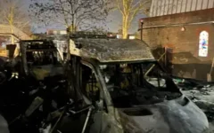 Damaged ambulances in Highfield Road, Golders Green, London, after an apparent arson attack on four ambulances belonging to the Jewish Community Ambulance service in London. Pic PA