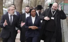 Conservative Party leader Kemi Badenoch speaks with members of the Jewish community during a visit to the Hatzola ambulance station in Stamford Hill, north London. Picture date: Tuesday March 24, 2026. PIC: Stefan Rousseau/PA