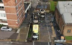 Firefighters at the scene in Highfield Road, Golders Green, London, after an apparent arson attack on four ambulances belonging to the Jewish Community Ambulance service in London. The Metropolitan Police confirmed the incident is being treated as an antisemitic hate crime. Picture date: Monday March 23, 2026.