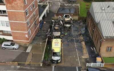 Firefighters at the scene in Highfield Road, Golders Green, London, after an apparent arson attack on four ambulances belonging to the Jewish Community Ambulance service in London. The Metropolitan Police confirmed the incident is being treated as an antisemitic hate crime. Picture date: Monday March 23, 2026.
