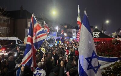 Protest group Our Fight UK stage a 'rally against Jew hate' near to the scene in Highfield Road, Golders Green, London, after an apparent arson attack on four ambulances belonging to the Jewish Community Ambulance service in London. The Metropolitan Police confirmed the incident is being treated as an antisemitic hate crime. Picture date: Monday March 23, 2026.