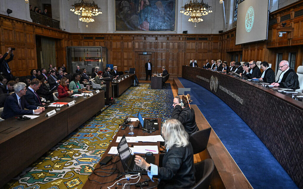 A view from the public hearing at the International Court of Justice case on Israel's humanitarian obligations to Palestinians in Gaza, the Hague, Netherlands, April 29, 2025. (Mouneb Taim / Middle East Images via AFP)
