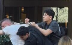 Moment three men attack two Israeli Americans outside a restaurant in San Jose. Credit: X Moment three men attack two Israeli Americans outside a restaurant in San Jose. Credit: X