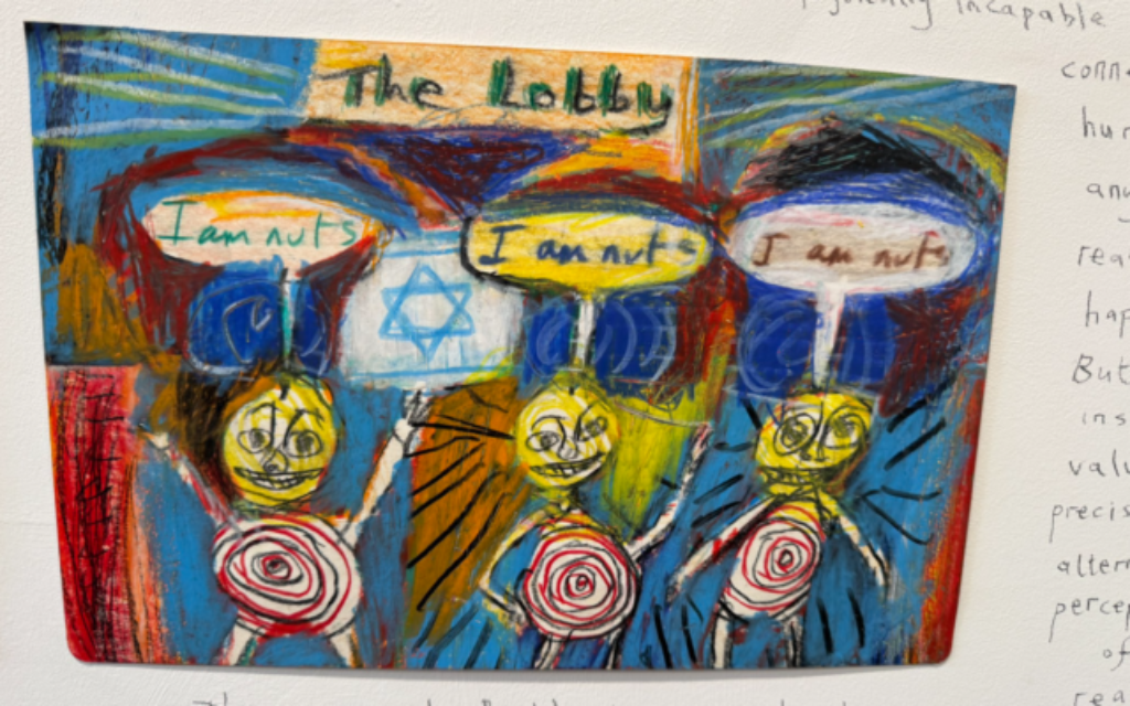 Artwork from Drawings Against Genocide featuring figures with Stars of David and the phrase “the lobby”