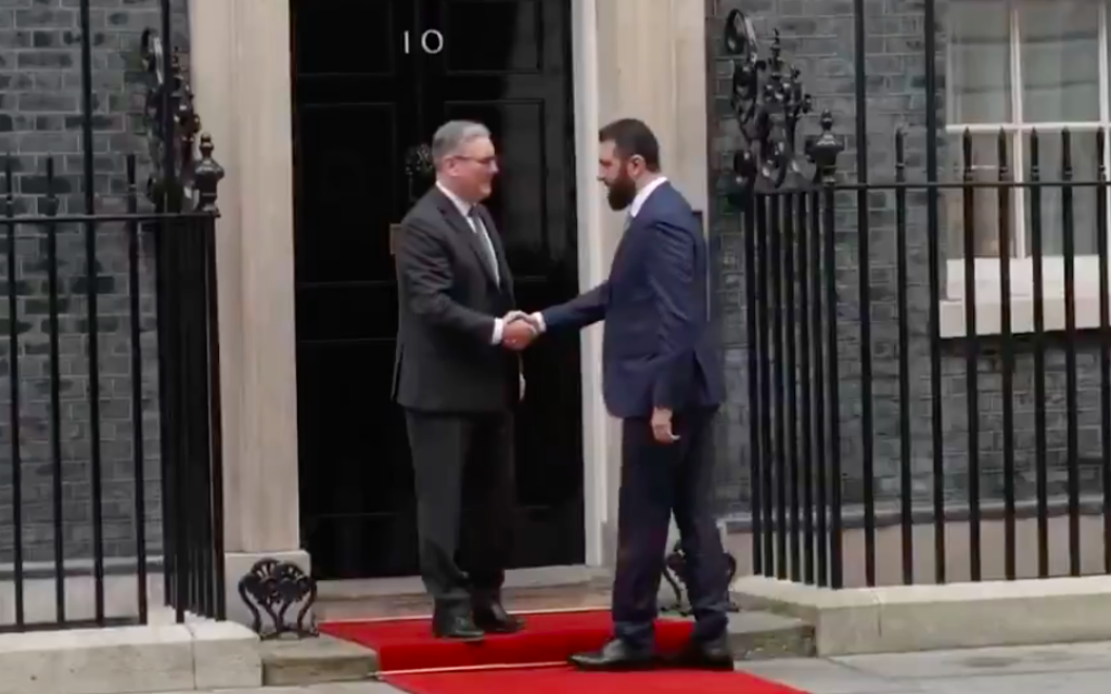 Keir Starmer welcoming Syria's President Ahmed al-Sharaa to 10 Downing Street (ITV News)