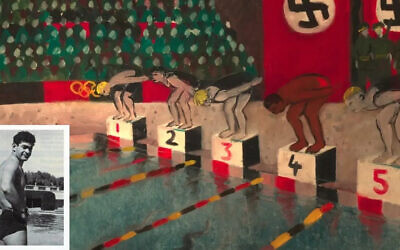 Artem 'Alfred' Nakache (inset), a Jew who swam for France at the 1936 Berlin Olympics, is depicted in lane 4 in the animated short film 'Papillon.' (Wikimedia Commons; Sacrebleu Productions and XBO Films)
