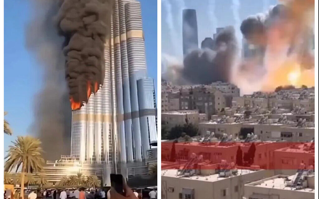 AI-generated and recycled war footage falsely shared online during the Israel-Iran conflict, including fake images of Dubai’s Burj Khalifa on fire and miscaptioned explosion footage. Credit: X