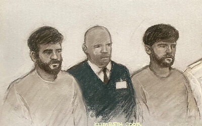 Court artist sketch by Elizabeth Cook of  Hamza Iqbal (left), 20, Rehan Khan (right), 19, alongside a dock officer, appearing at Westminster Magistrates' Court, London, after four Jewish community ambulances were targeted in an alleged arson attack in north-west London. Four ambulances from Hatzola, a volunteer-led ambulance service operating in the Golders Green area of north-west London, were set on fire in the early hours of March 23, causing gas canisters stored in the vehicles to explode. The trio are charged with arson being reckless as to whether life would be endangered. Picture date: Saturday April 4, 2026. PA Photo. Photo credit: Elizabeth Cook/PA Wire