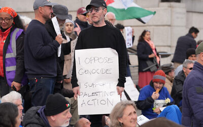 Massive Attack musician Robert Del Naja during the demonstration against the ban on Palestine Action, in Trafalgar Square, central London.  Picture date: Saturday April 11, 2026. PA Photo. Photo credit should read: Lucy North/PA Wire