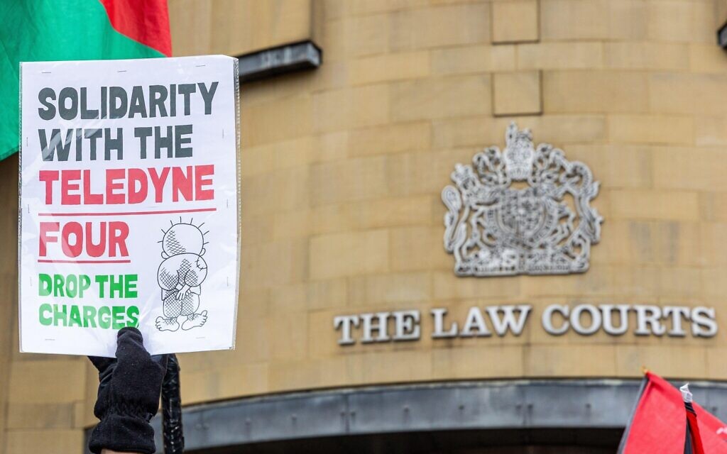 Protesters gather outside Bradford Crown Court ahead of the re-trial of protesters who occupied Teledyne factory in Shipley. Credit: Neil Terry/Alamy Live News