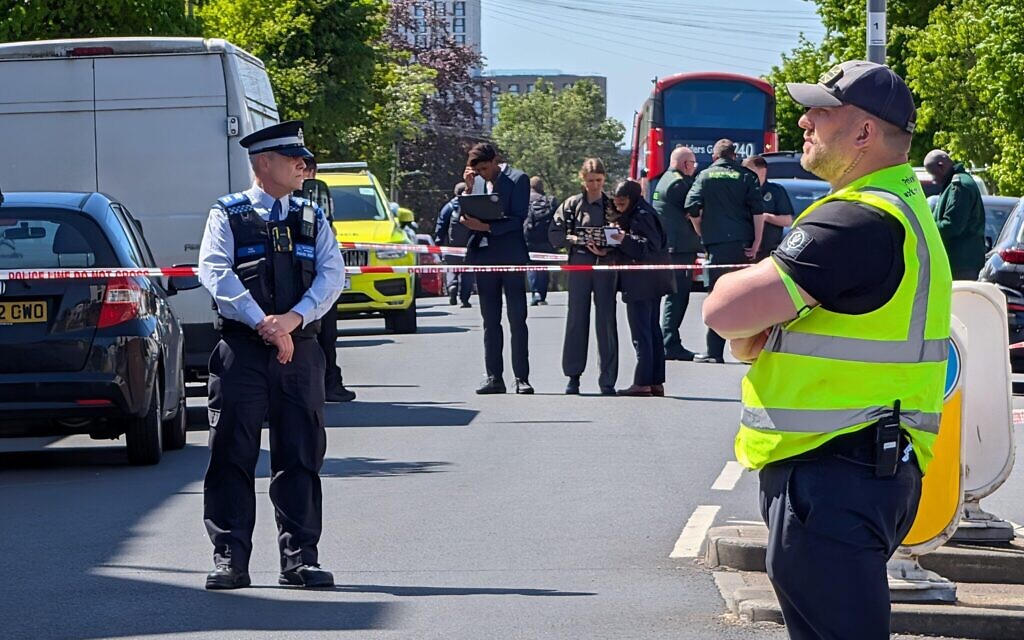 Police officers at the scene in Golders Green, north-west London, in April after two Jewish men were stabbed. There have been a series of antisemitic attacks in the NW London neighbourhood