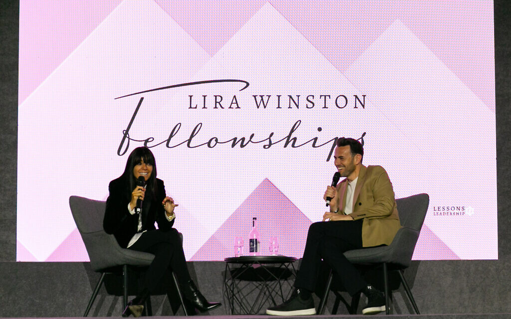 Claudia Winkleman in conversation with Ben Winston at the Lira Winston Fellowship ‘Lessons in Leadership’ event at St John’s Wood Synagogue. Credit: Gabsek Photos