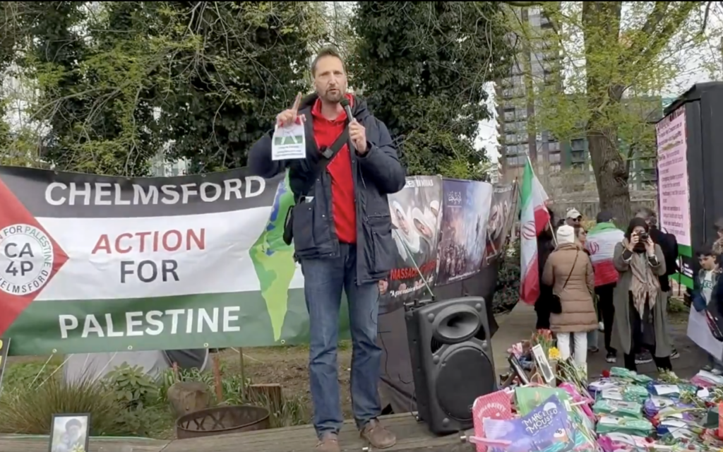 Ranjeet Brar addresses protesters outside the US Embassy in London on 4 April. Photo: X