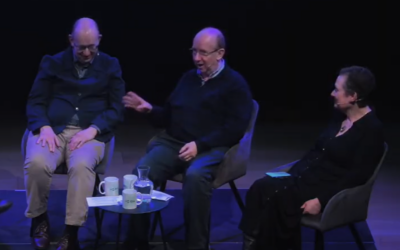 Finkelstein siblings in conversation during The Impact Equation live recording at JW3, marking Yom HaShoah. Credit: The Impact Equation/JW3