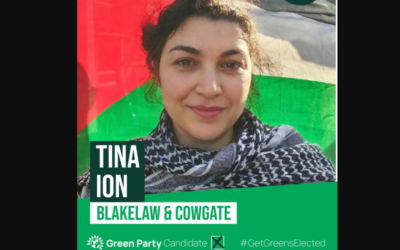 Green Party candidate Tina Ion as promoted by the Newcastle Green Party in its official literature, with the Palestinian flag in the background