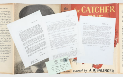 Correspondence between J.D. Salinger and his editor, referring to his Jewish and Irish heritage, for sale by Peter Harrington Books, overlaid on top of the book jacket for Salinger's novel, "The Catcher in the Rye". (Images Courtesy Peter Harrington, London)