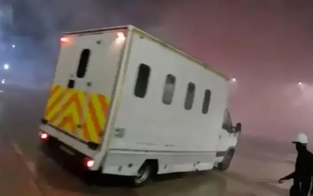 Activists drive van into shutters during Elbit site raid in Bristol. Photo Credit: Palestine Action