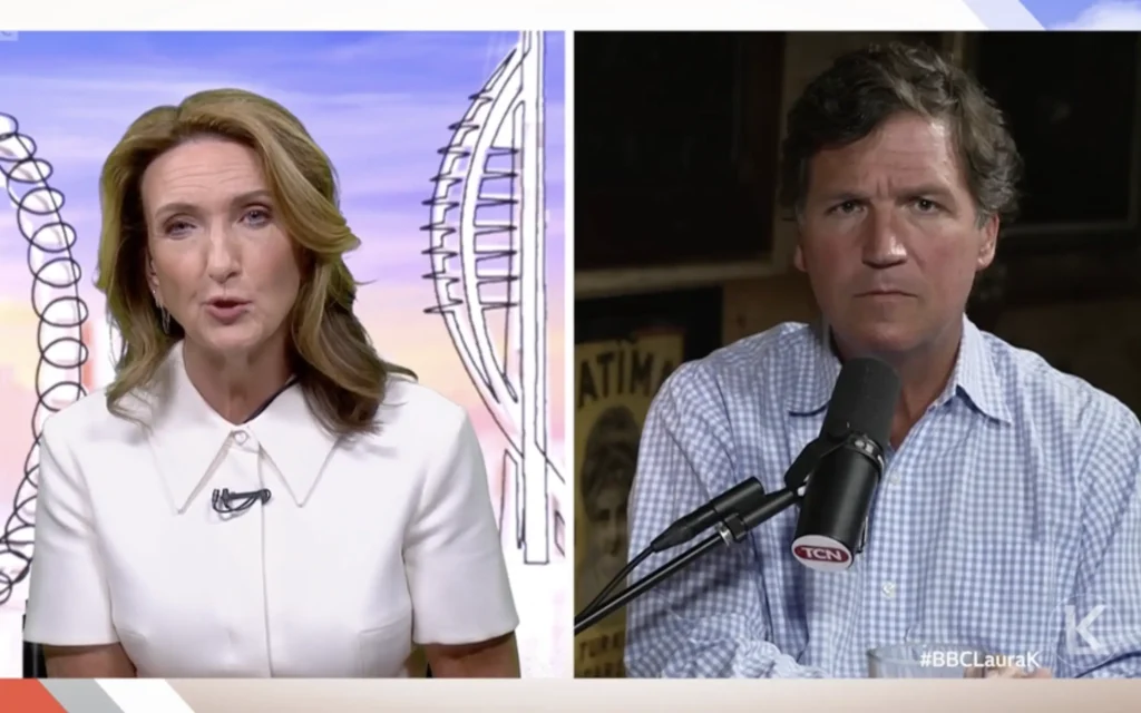 Victoria Derbyshire interviews Tucker Carlson on BBC politics programme (Image: BBC)