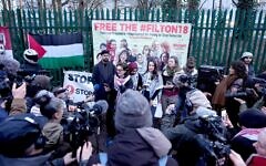Palestine Action supporters hold “Free the Filton 18” banner outside court as trial hears activists threatened site destruction. Photo: PA Palestine Action supporters hold “Free the Filton 18” banner outside court as trial hears activists threatened site destruction. Photo: PA