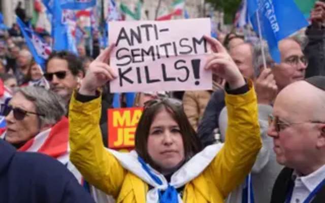 People attend a "face down" antisemitism rally in Whitehall, central London, following a series of arson attacks and two people being stabbed in Golders Green, north-west London on April 29. Picture date: Sunday May 10, 2026.

Pic Lucy North PA