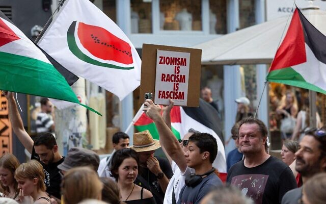 Demonstration fur Gaza in Wien, "GroBdemonstration fur Gaza: Die Osterreichische Regierung muss jetzt handeln" Demonstrierende auf der MariahilferstraBe - Schild mit Aufschrift Zionism is racism is fascism // Demonstration for Gaza in Vienna, "Mass demonstration for Gaza: The Austrian government must act now" Demonstrators on MariahilferstraBe - Sign reading Zionism is racism is fascism - 20250628_PD19684