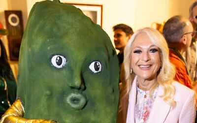 Vanessa Feltz with a pickle mascot at the launch of Jewish Culture Month