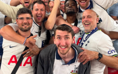 Spurs fan Rabbi Doron Birnbaum at the full time whistle in Bilbao last year, as Spurs won the Europa League (Credit: Xpressions (@expressionsoozing))