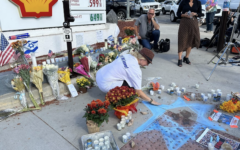Elena Colomba draws a Star of David at a Thousand Oaks, California, street corner where a Jewish pro-Israel protester, Paul Kessler, was killed during an altercation, 7 November 2023. (Jacob Gurvis) Elena Colomba draws a Star of David at a Thousand Oaks, California, street corner where a Jewish pro-Israel protester, Paul Kessler, was killed during an altercation, 7 November 2023. (Jacob Gurvis)