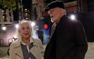 Dame Helen Mirren and husband Taylor Hackford during the filmed confrontation in central London. Credit: X