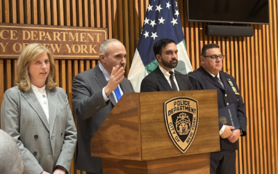 NYPD Commissioner Jessica Tisch, JCRC CEO Mark Treyger, and Mayor Zohran Mamdani speak at a press conference on 28 May, 2026. (Grace Gilson)