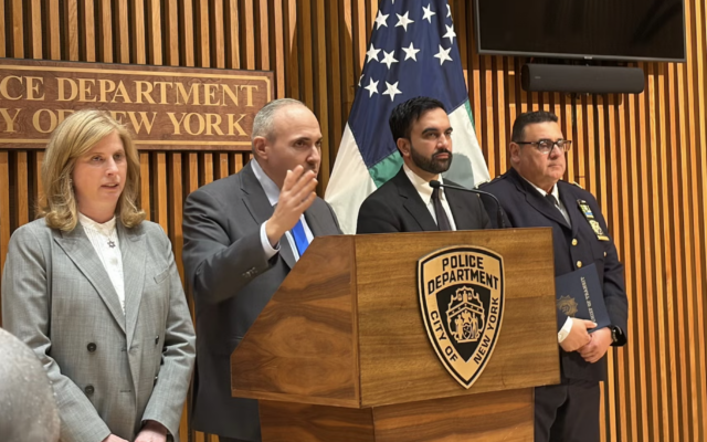 NYPD Commissioner Jessica Tisch, JCRC CEO Mark Treyger, and Mayor Zohran Mamdani speak at a press conference on 28 May, 2026. (Grace Gilson)