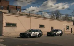 Police cars at the scene of a shooting with a replica gun outside a synagogue in Toronto on May 8, 2026 (Screen grab/CTV News) Police cars at the scene of a shooting with a replica gun outside a synagogue in Toronto on May 8, 2026 (Screen grab/CTV News)