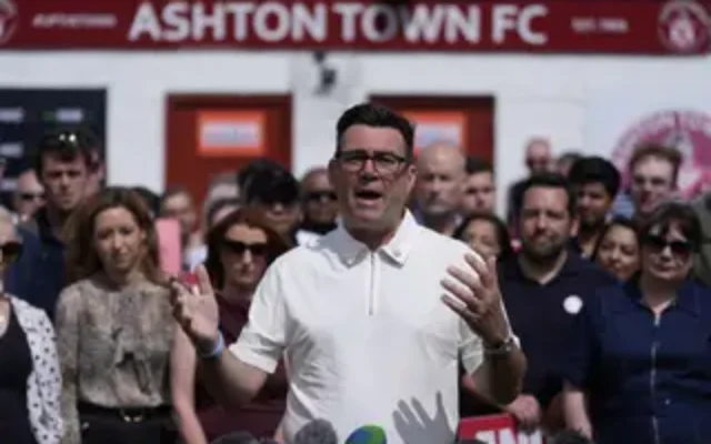 Labour party candidate Andy Burnham at Ashton Town FC in Ashton-in-Makerfield, after winning the Makerfield by-election. Pic PA
