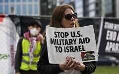 Protesters demonstrate outside the headquarters of AIPAC, the American Israel Public Affairs Committee in Washington, D.C., March 13, 2024. (Celal Gunes/Anadolu via Getty Images via JTA)