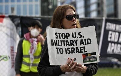 Protesters demonstrate outside the headquarters of AIPAC, the American Israel Public Affairs Committee in Washington, D.C., March 13, 2024. (Celal Gunes/Anadolu via Getty Images via JTA)