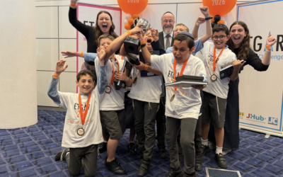 Pupils and staff from Menorah Foundation School celebrate after producing the highest-scoring individual team at Etgar 2026. Photo: Annabel Sinclair
