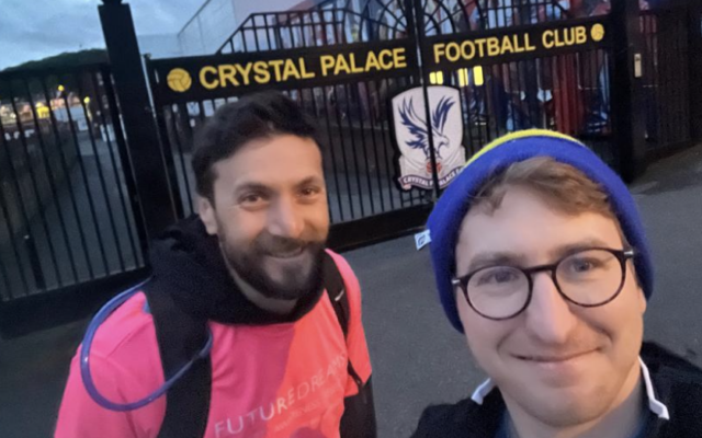 Rafi Addlestone (right) outside Crystal Palace Football Club during the 50-mile fundraising challenge for EcoJudaism.