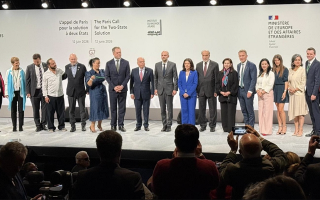 Representatives of Israeli and Palestinian civil society organisations, alongside international officials and diplomats, gather at the Paris Call for the Two-State Solution conference in Paris on 12 June 2026. Credit: X / Alliance for Middle East Peace (ALLMEP)