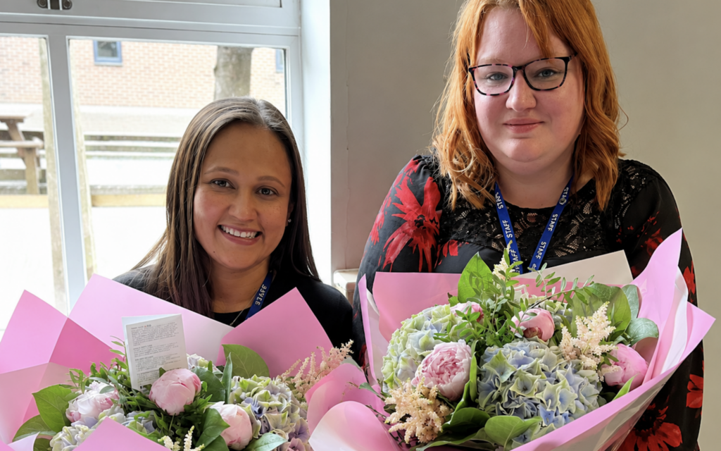 Two Yavneh Hero Award winners celebrate after being recognised by colleagues on National Thank a Teacher Day.