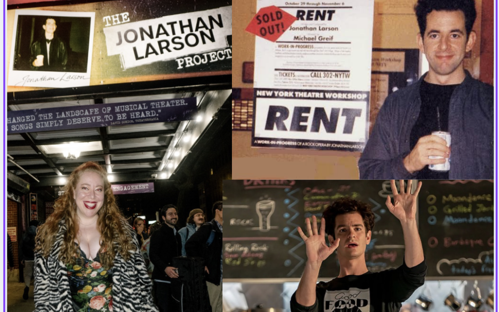 Clockwise: Jennifer Ashley Tepper, producer of The Jonathan Larson Project  . Jonathan Larson and Andrew Garfield as Larson in tick-tock...boom!