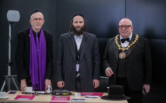 Owen Power (left), Andrew Walters (centre) and Salford Ceremonial Mayor Councillor Robin Garrido at the Jewish Culture Month event at Salford Civic Centre.