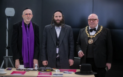 Owen Power (left), Andrew Walters (centre) and Salford Ceremonial Mayor Councillor Robin Garrido at the Jewish Culture Month event at Salford Civic Centre.