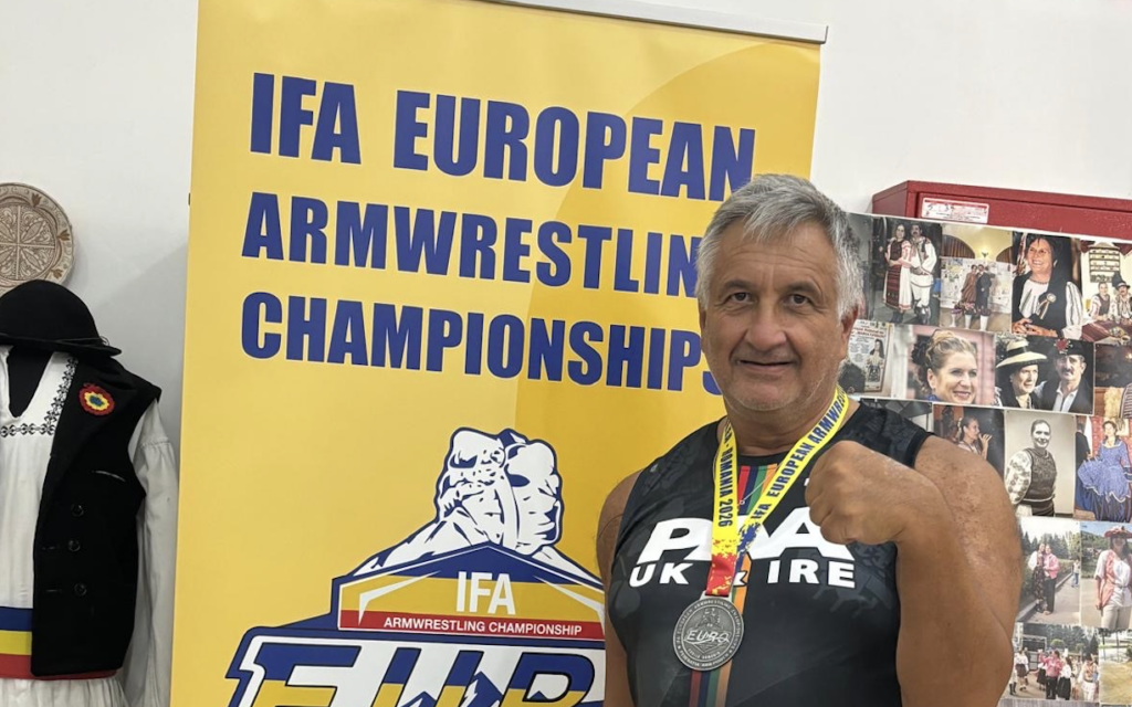 Marc Sidney with his silver medal at the IFA European Arm Wrestling Championships in Codlea, Romania.