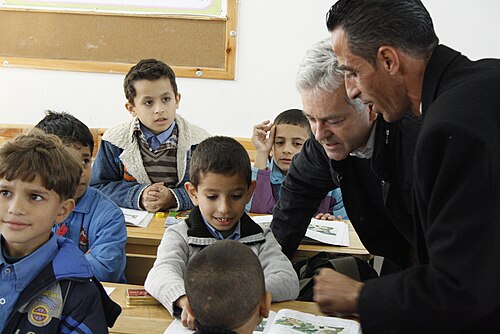 Palestinian pupils attend a classroom at a UNRWA school in Gaza.