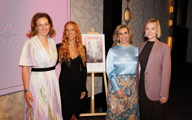 From left: BFAMI chair Nicola Blake, artist Zoe Buckman, BFAMI co chair Pamela Crystal and art writer Carrie Scott with the donated artwork -MataJi(2020) (credit:Amber Pollack)