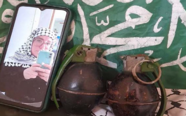Catherine Beth Washburn pictured with two hand grenades in front of Hamas flag. (U.S. Department of Justice)