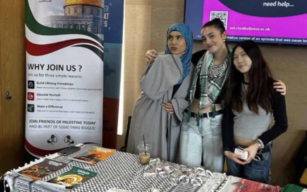 Members of Royal Holloway's Friends of Palestine society at a campus recruitment stall. Credit: Friends of Palestine/Instagram